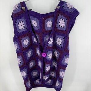 Crochet Granny Square Vest Purple Lilac Floral Boho Cottagecore Festival Size XL